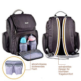 Detailaufnahmen des Wickelrucksack Flexi: abnehmbares isolierendes Fach und extrabreite Rucksack-Tragen für einen hohen Tragekomfort