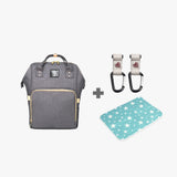 Wickelrucksack Set Uni in Grau mit Kinderwagenhaken und Wickelunterlage