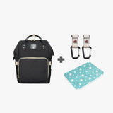 Wickelrucksack Set Uni in Schwarz mit Kinderwagenhaken und Wickelunterlage