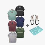 Alle Farben des Wickelrucksacks Uni. zusammen mit Kinderwagenhaken und Wickelunterlage Das Design ist ähnlich zu Pomelo Best, Anello, Lekebaby, Queenya oder lequeen